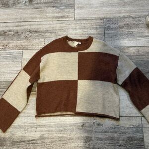 White Crow Checkered Tan & Cream Crew Neck Sweater